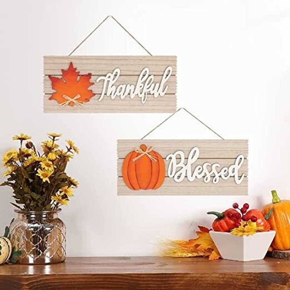 Holiday Fall Hanging Blessed & Thankful Signs Wooden Pumpkin/Maple Autumn